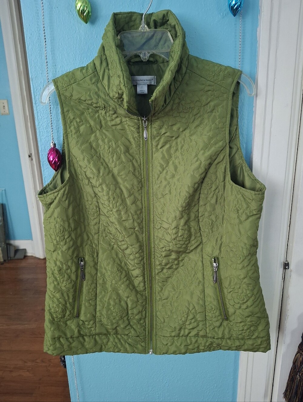 Christopher & Banks Womens L Quilted Vest Olive Green Zip Pockets Collar